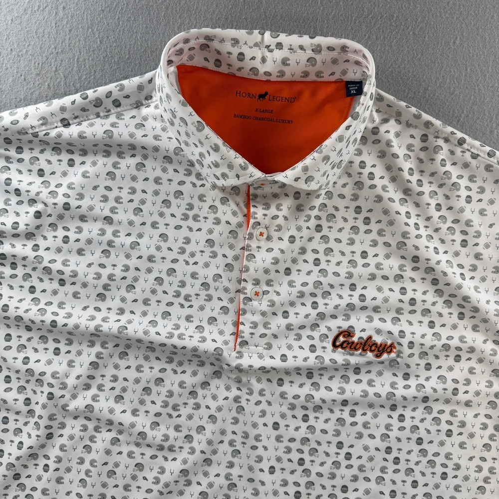 Horn Legend Oklahoma State Cowboys Polo Shirt Mens XL White Football AOP Golf